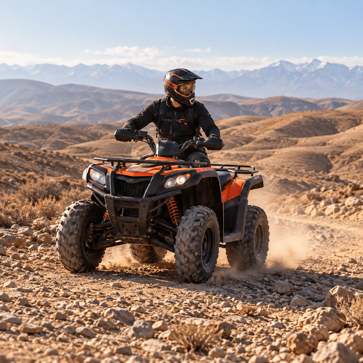 Helmeted rider driving an orange quad on a rocky Agafay trail