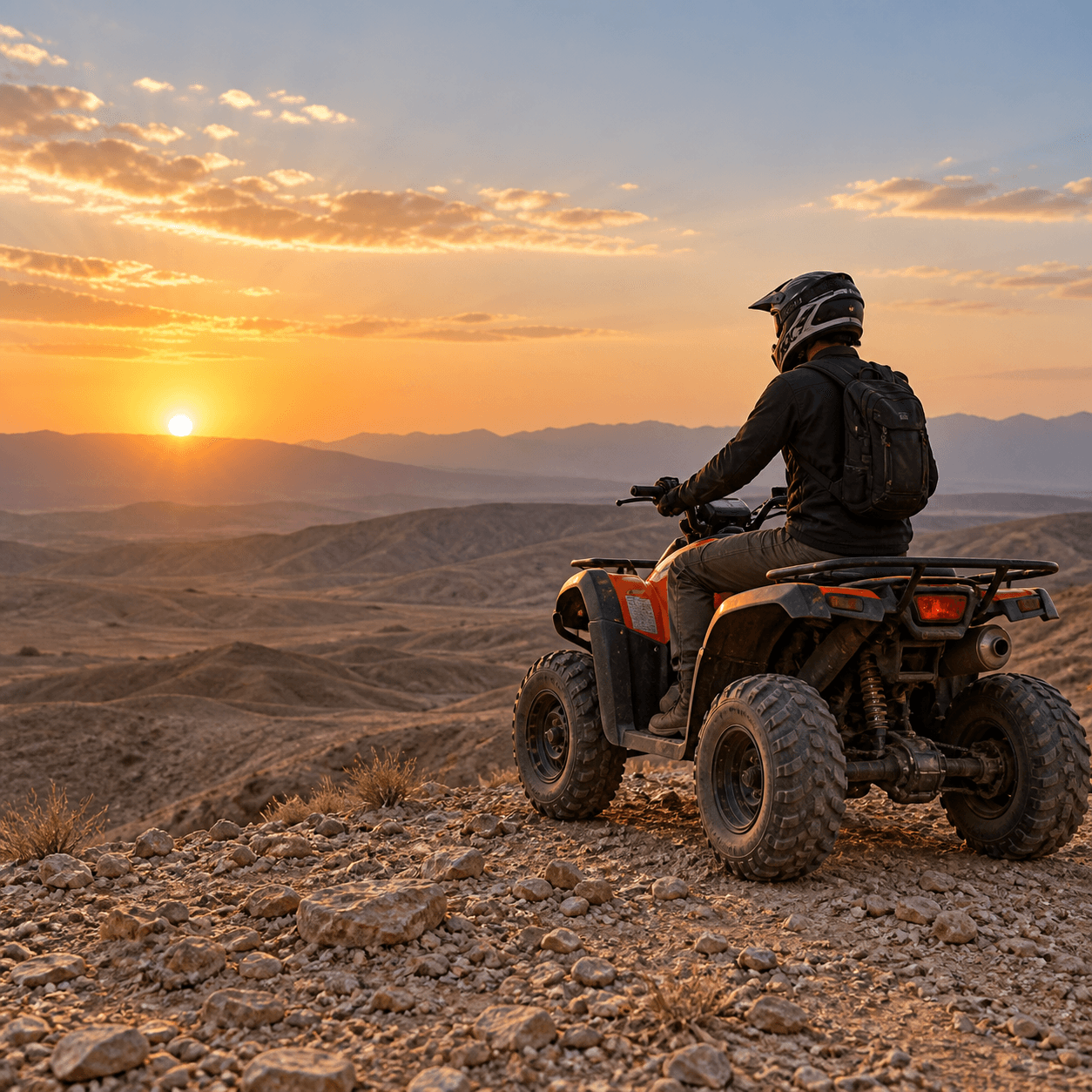 Helmeted quad rider watching sunset over the rocky Agafay landscape